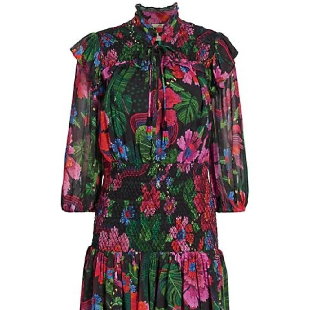 Farm Rio NWOT Blooming Garden Floral Smocked Minidress Size Small - Picture 6 of 7